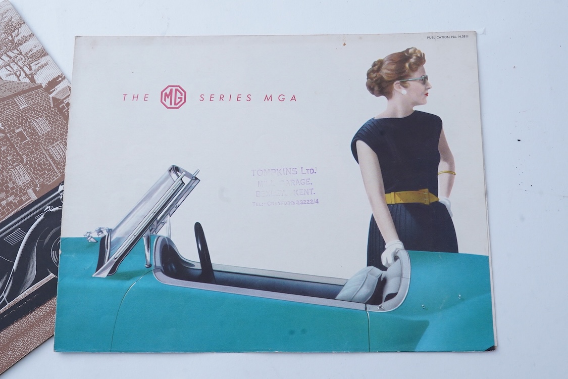 Three 1940s and 1950s MG motor car manufacturer’s brochures; the MG Series T.F. Midget (produced 1953-55), the MGA (produced 1955-62), and the MG Y 1.25lt saloon (produced 1947-53), including the additional leaflet conta